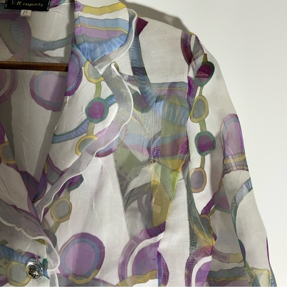 Y.R. Imports Floral Purple, Plum White, Blue Long Sleeve Semi-Sheer Blouse Sz - Picture 7 of 16